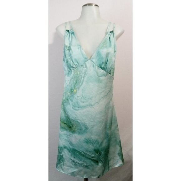 French Kiss Other - French Kiss Green Swirl Satin Nightie Nighty Nightdress Plunge Neckline Sz L